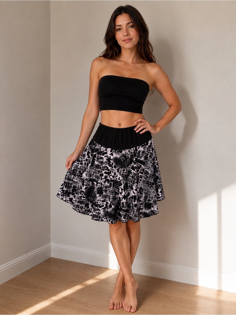 Abstract Black & White Circle Skirt with Comfortable Waistband